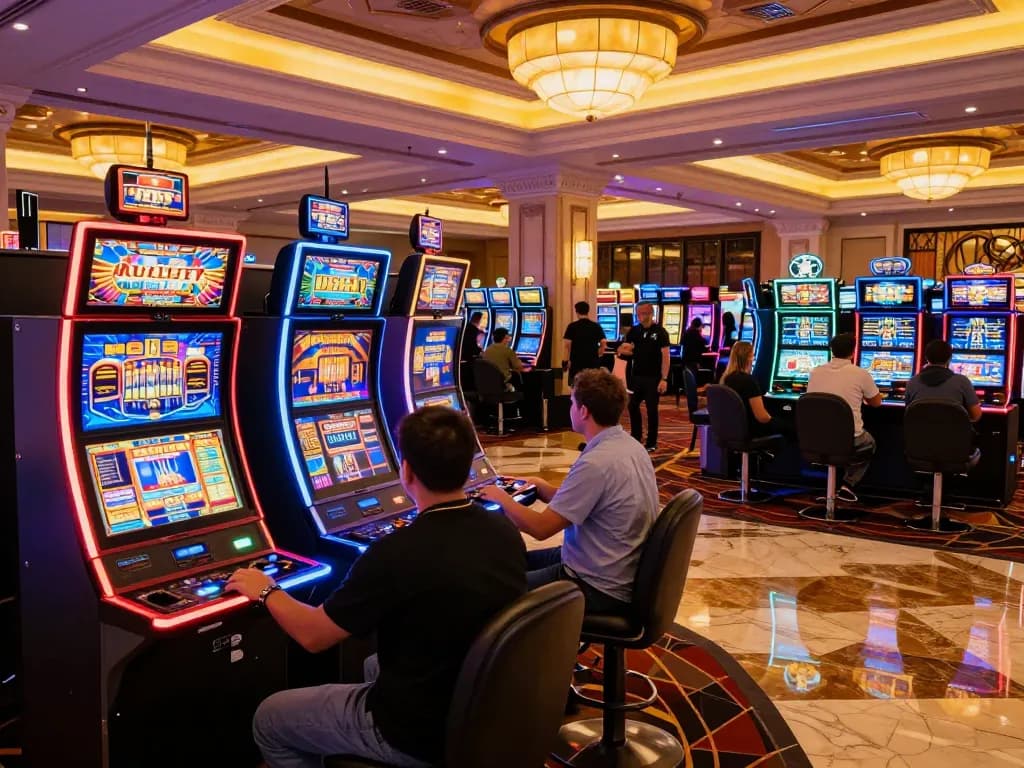 Players enjoying the lively atmosphere at EE88's vibrant slot machine area in 2026.