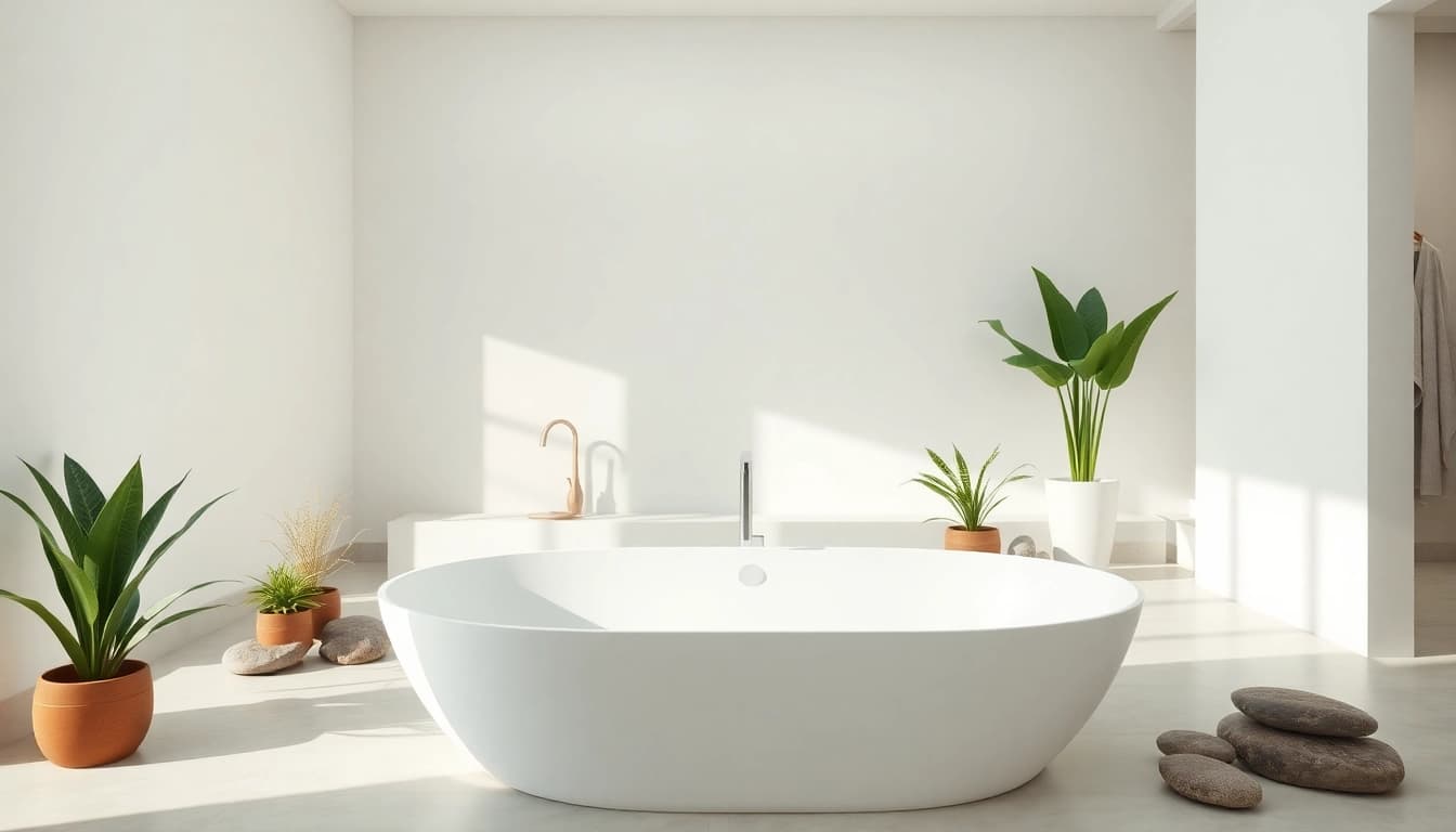Vasca da bagno moderna in un ambiente elegante e rilassante con piante e luce soffusa.