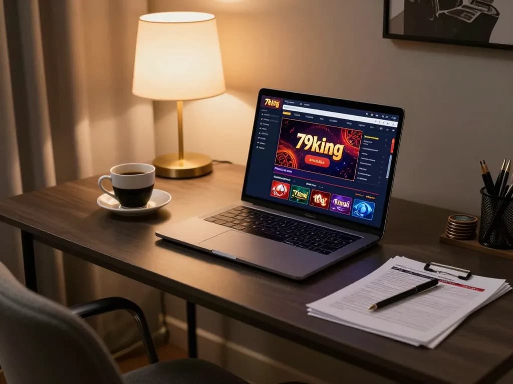 Engaging online gambling scene with Nhà cái 79king interface on a laptop, highlighting strategy and comfort.