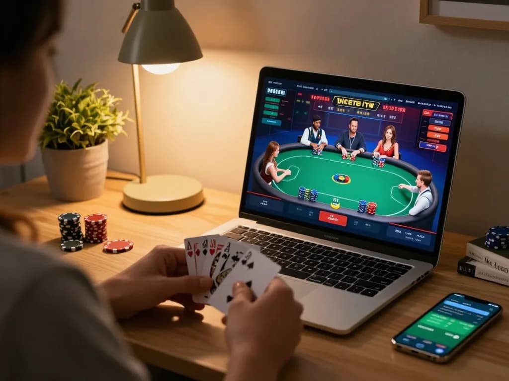 Engaging poker gameplay on the laptop screen in a cozy home setting with Nhà cái Bet88 app notifications.
