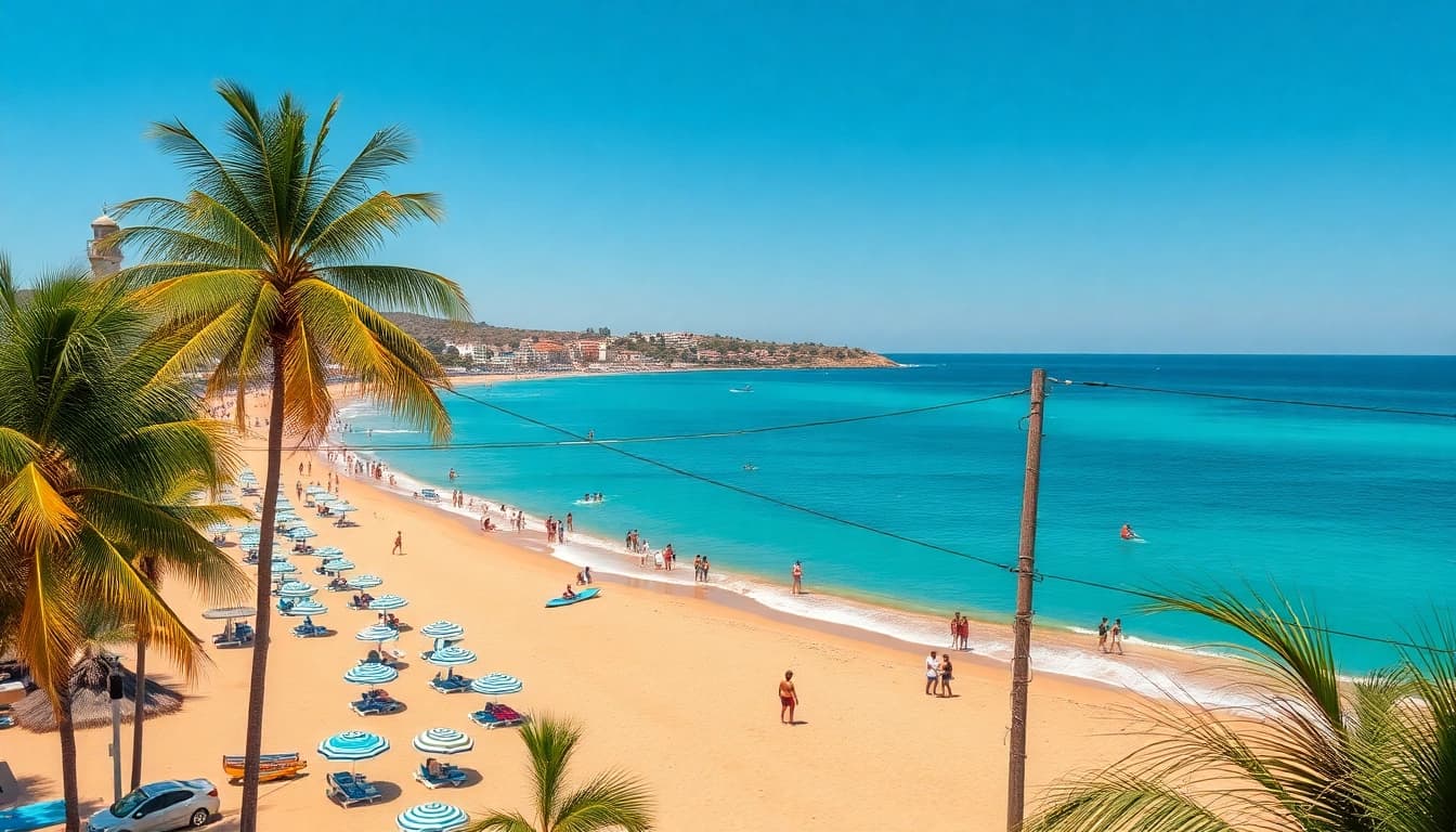 Cena de praia vibrante em Paripueira AL com areias douradas e águas turquesas.