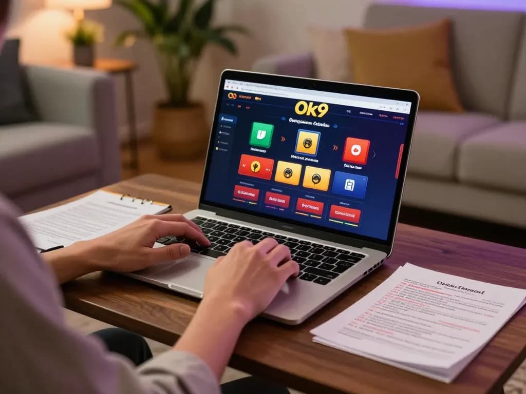Player engaging with Ok9 casino app on laptop while reviewing betting strategies at home.