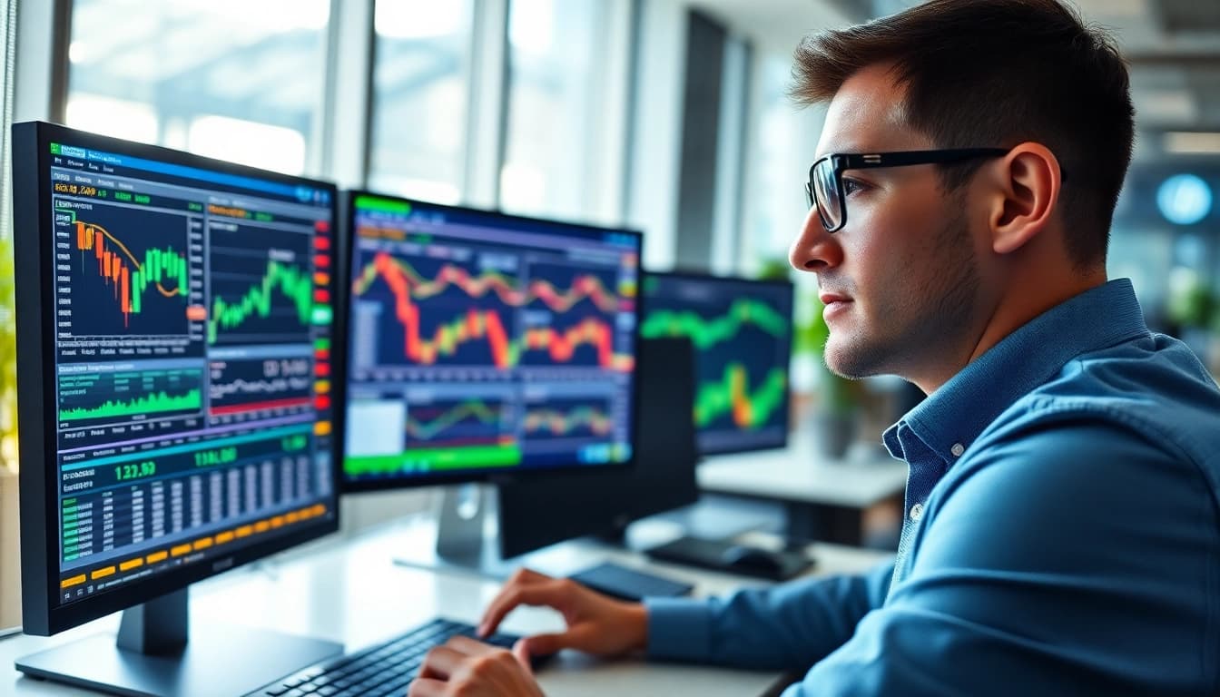 Engaged trader utilizing the charles schwab trading platform with multiple screens displaying stock data.