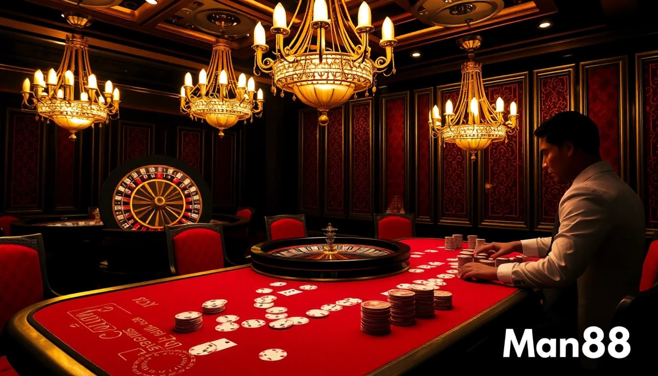 Exciting gaming scene at Man88 casino with poker chips and roulette.