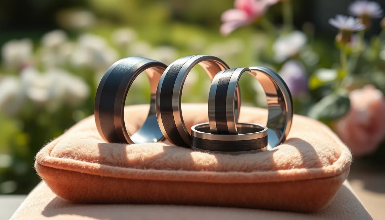 Showcasing exquisite tungsten wedding bands with varied textures against a cozy velvet backdrop.