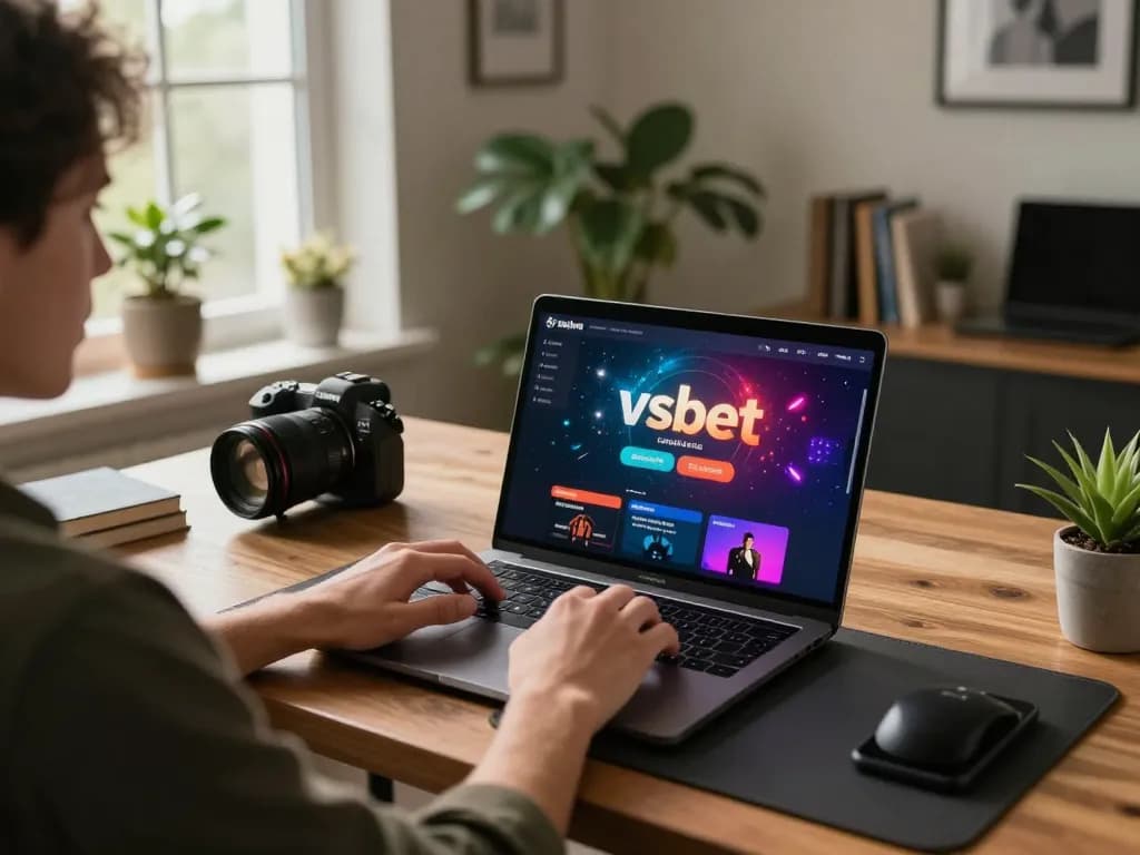 Player enjoying the vsbet casino online experience on a cozy laptop setup, focusing on responsiblility and strategy.