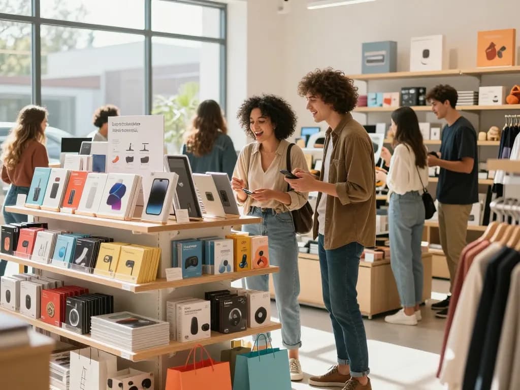 Shopper engaging with colorful products at https://hubet88.icu/ in a vibrant retail atmosphere.