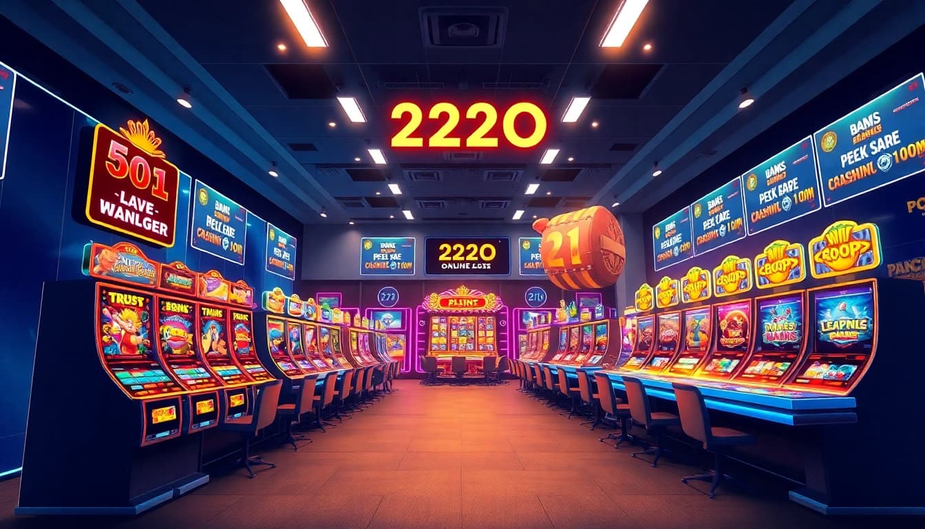 222O online betting platform interface featuring vibrant slot machines and live game tables