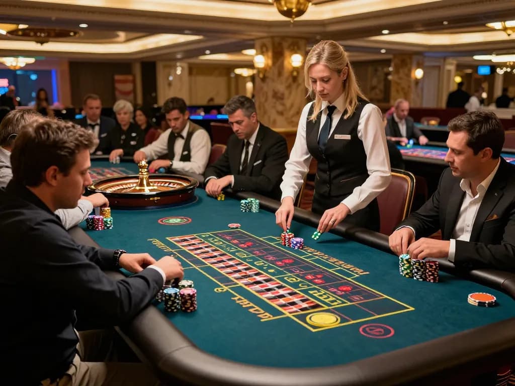 Go8 roulette players strategizing bets at an upscale casino table during an exciting game.