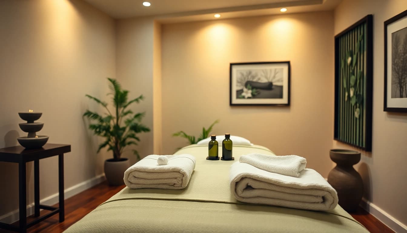 Professional 출장마사지 room showcasing a relaxing atmosphere with soft lighting and calming decor.