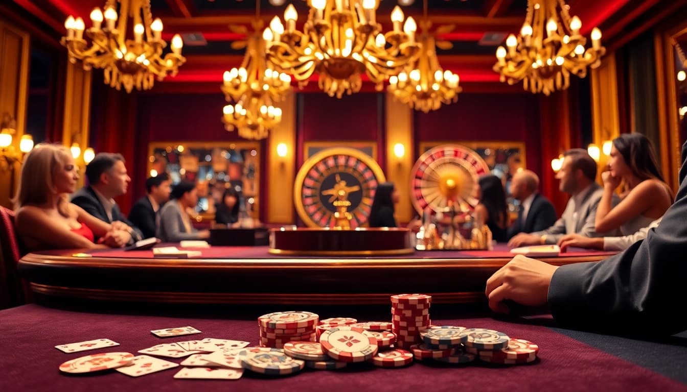Hit Club table game with vibrant poker chips and cards, set in an elegant casino atmosphere.