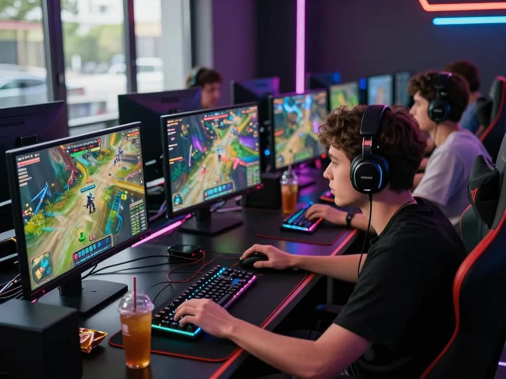 A diverse group enjoys an exciting gaming session at www.mantra88.com highlighted by vibrant screens and LED lights.