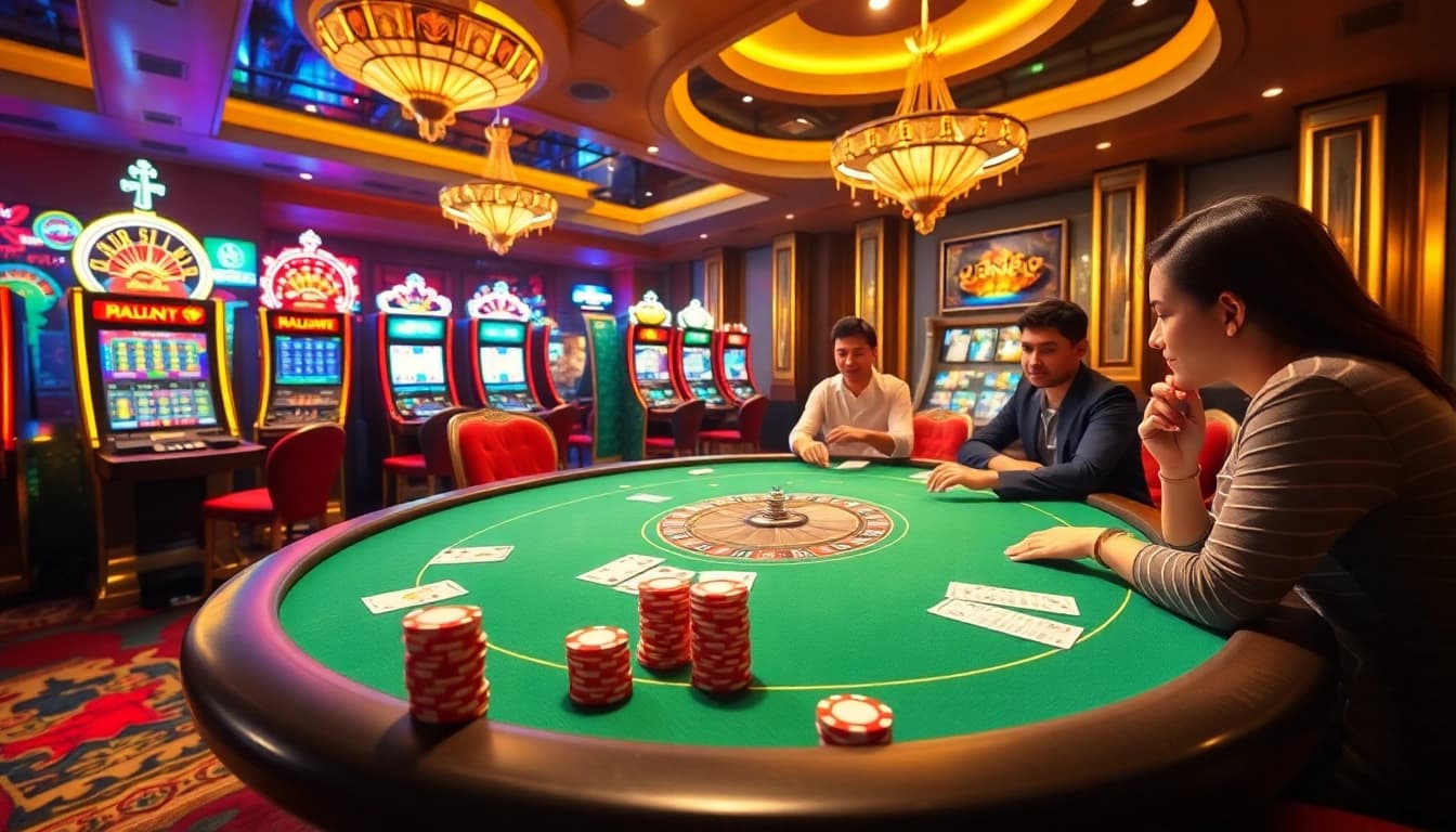 SIN88 casino players enjoying a vibrant poker game with colorful slot machines in the background.