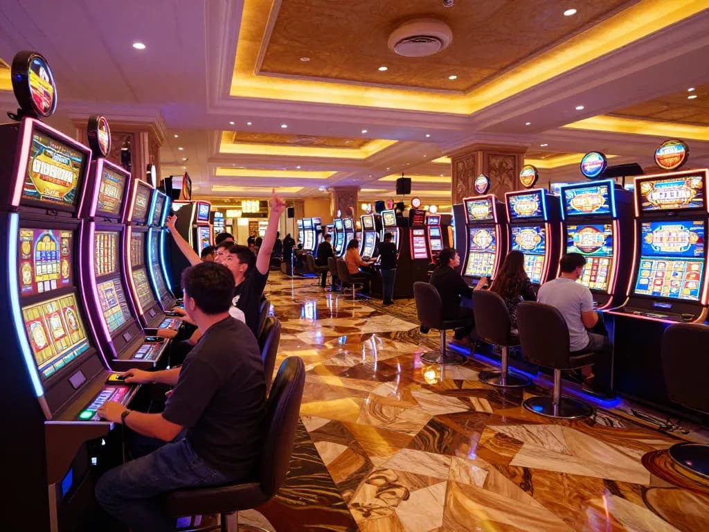 Players enjoying slot gacor wins at a lively casino with colorful lights and exciting atmosphere.