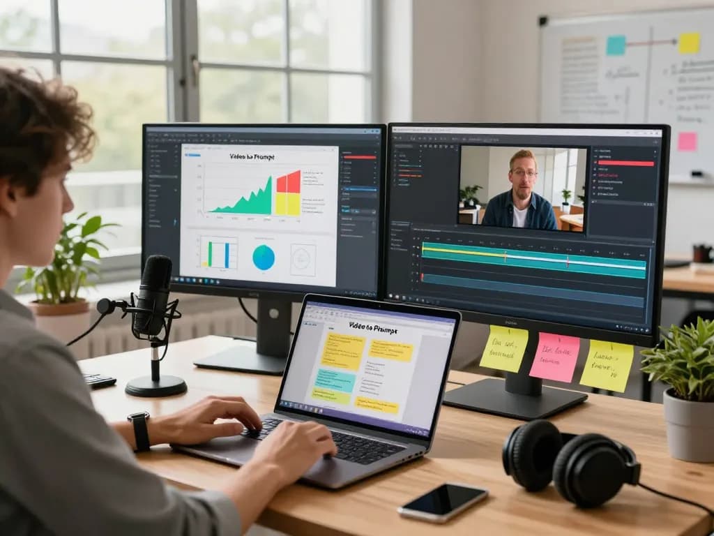 Professional workspace illustrating the video to prompt process, user uploading video with AI analysis displayed on laptop.