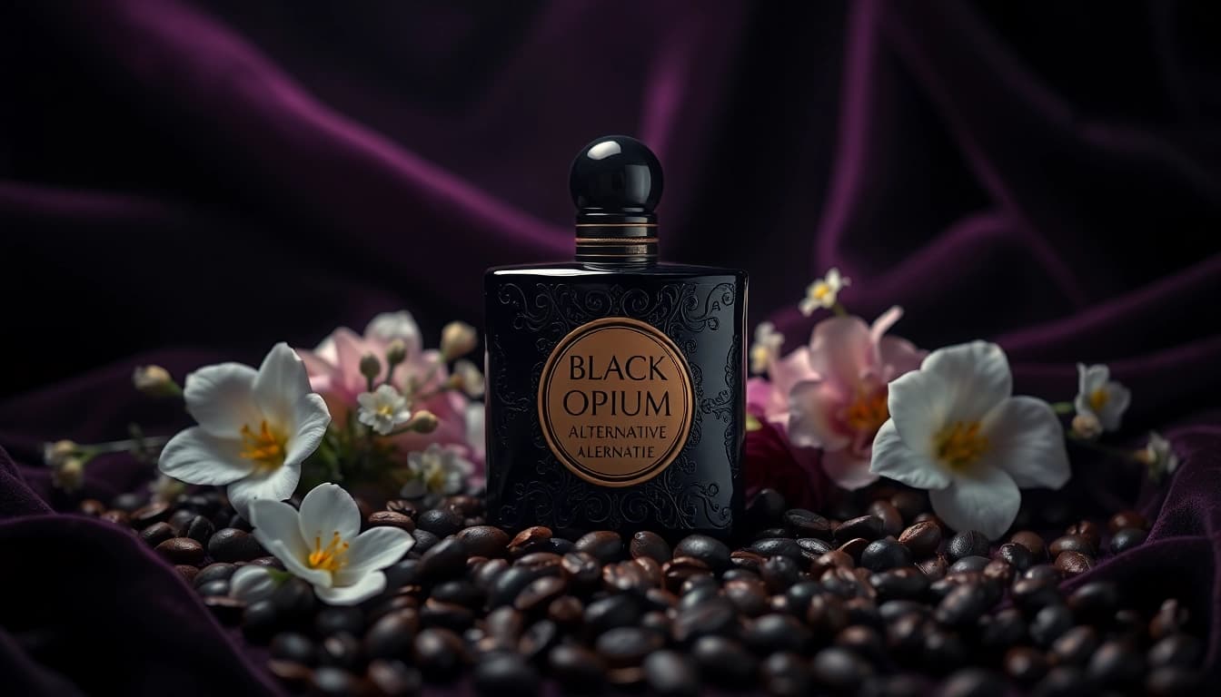 Discover an elegant Black opium alternative bottle amidst coffee beans and flowers.