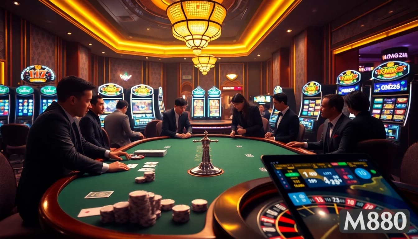 Experience excitement at trang chủ mm88 with a luxurious casino scene showcasing thrilling games and vibrant slot machines.