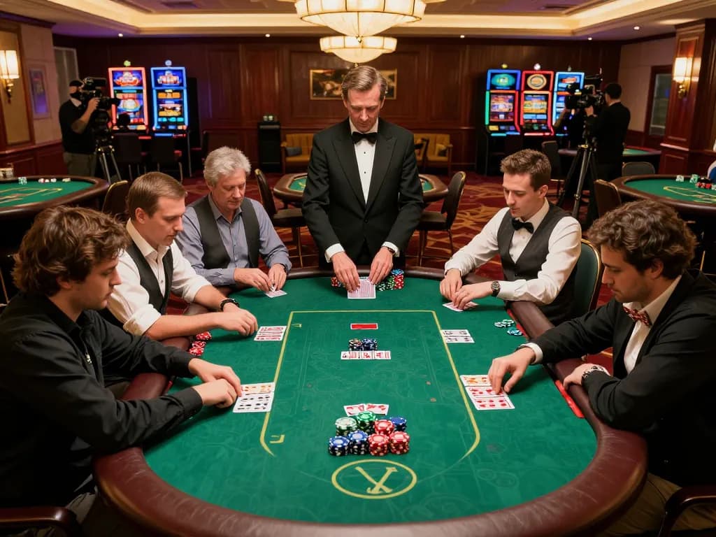 Players engaged intensely in a game of poker at a casino table, showcasing Okwintv's strategic gaming moments.