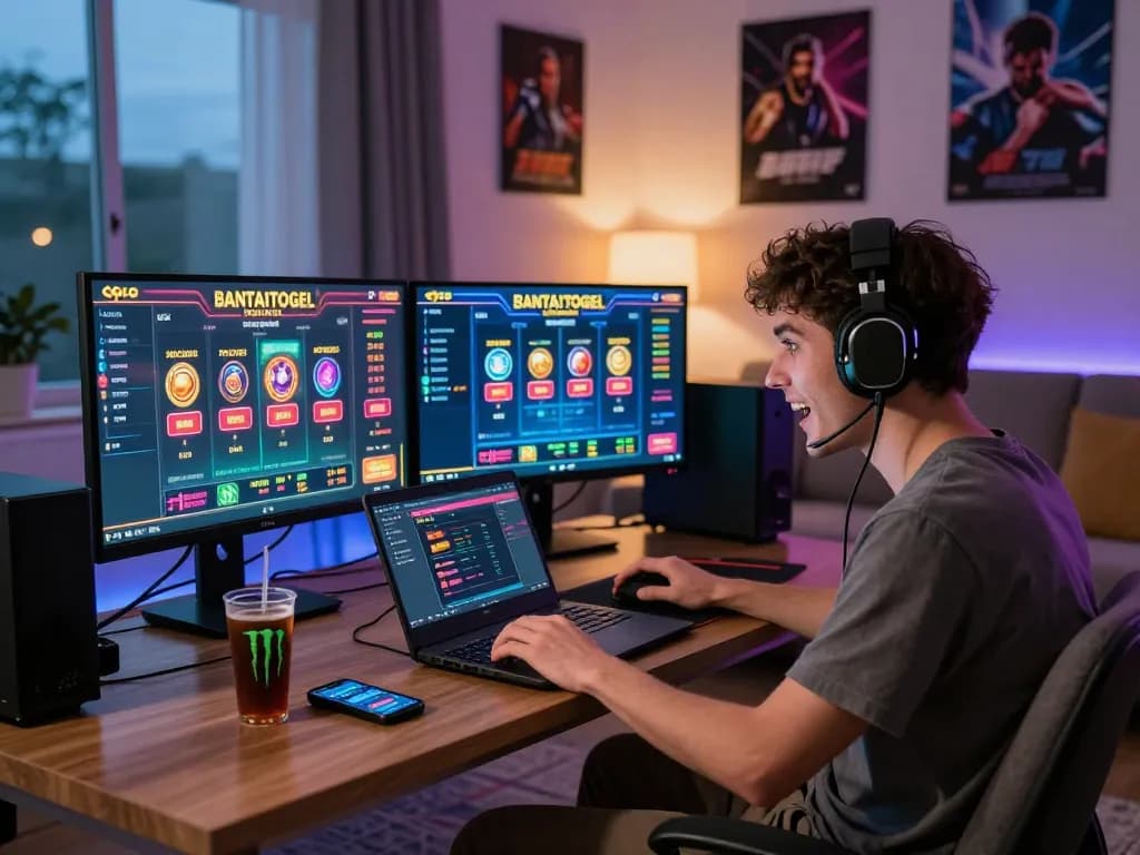 Engaged player enjoying BANTAITOGEL gaming experience in a vibrant living room atmosphere.