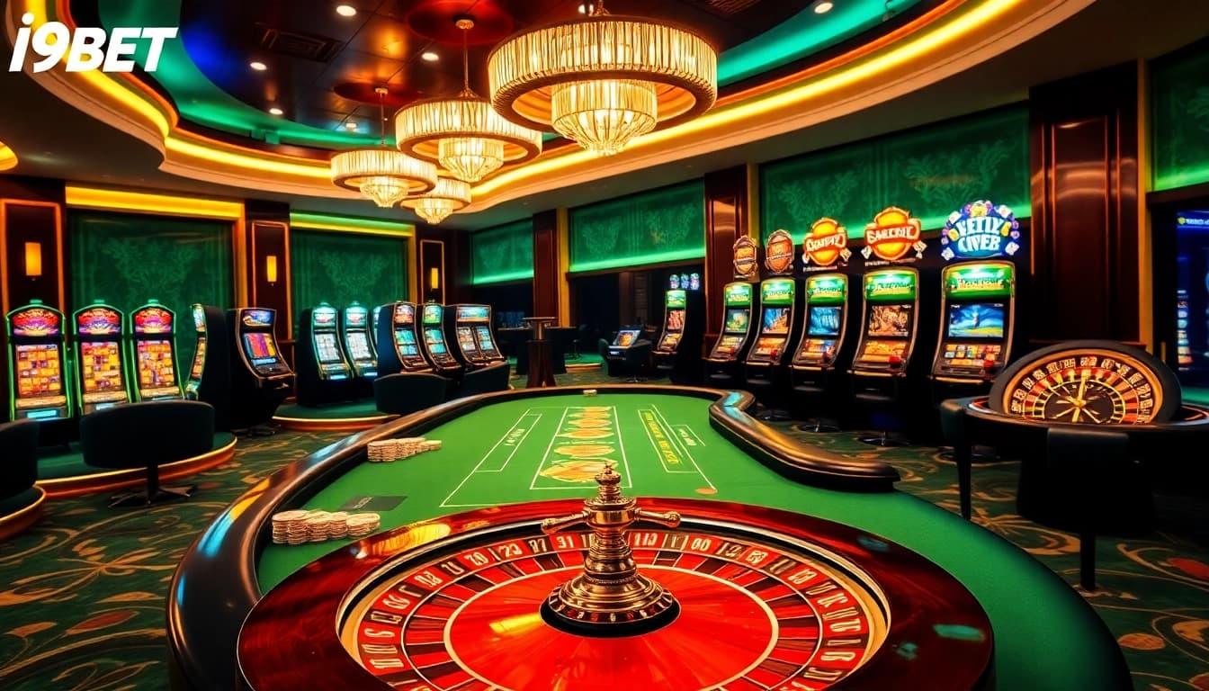 I9BET com featuring an inviting casino ambiance with players enjoying poker and slot machines under vibrant lighting.