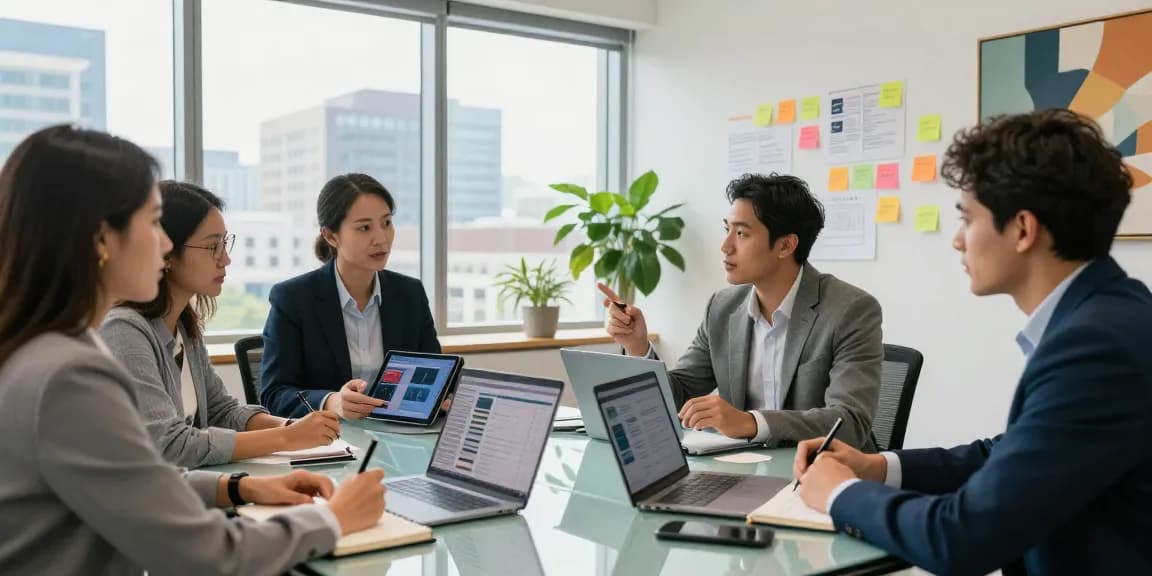 Strategic brainstorming session at https://factors.org.uk with diverse professionals collaborating in a modern office.