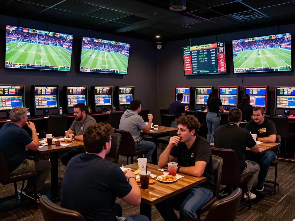 Fabet players betting on sports in an electrifying lounge atmosphere with high stakes.