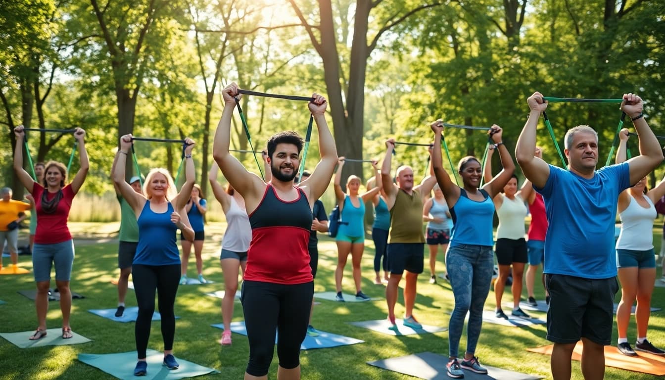 Engaging workout session using assisted pull-up bands in a vibrant outdoor setting