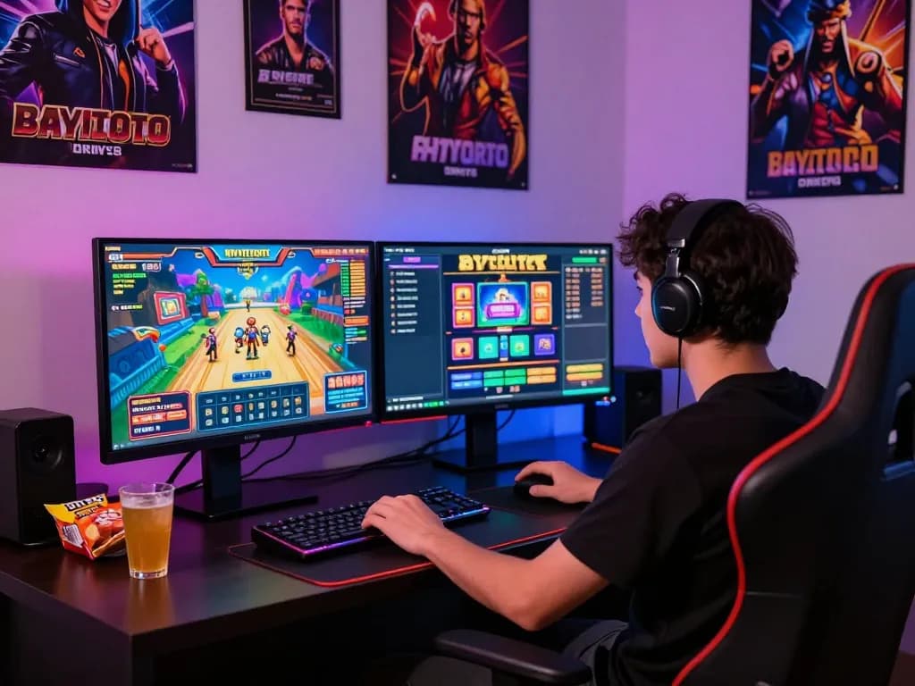 Player enjoying BAYITOTO slot online experience at a vibrant gaming setup.