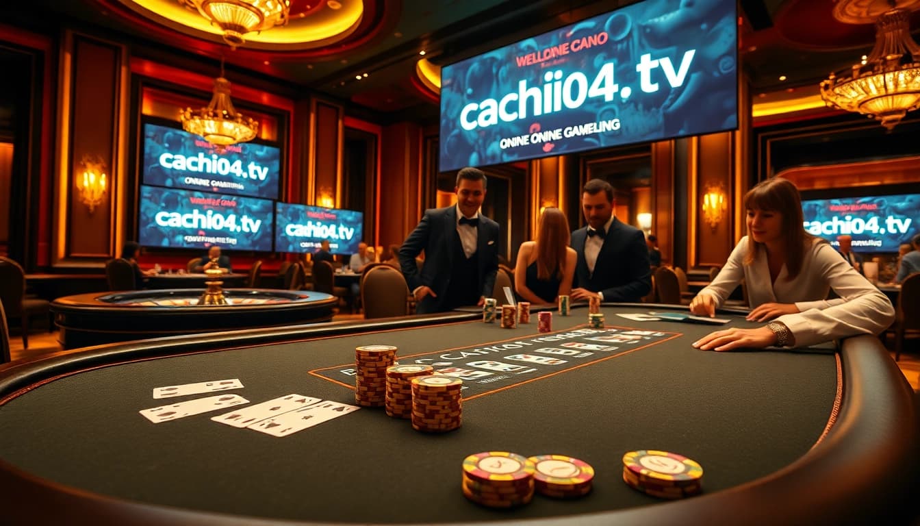 Gamble and win big at cakhia04.tv with an exciting casino scene featuring poker tables and roulette wheels.