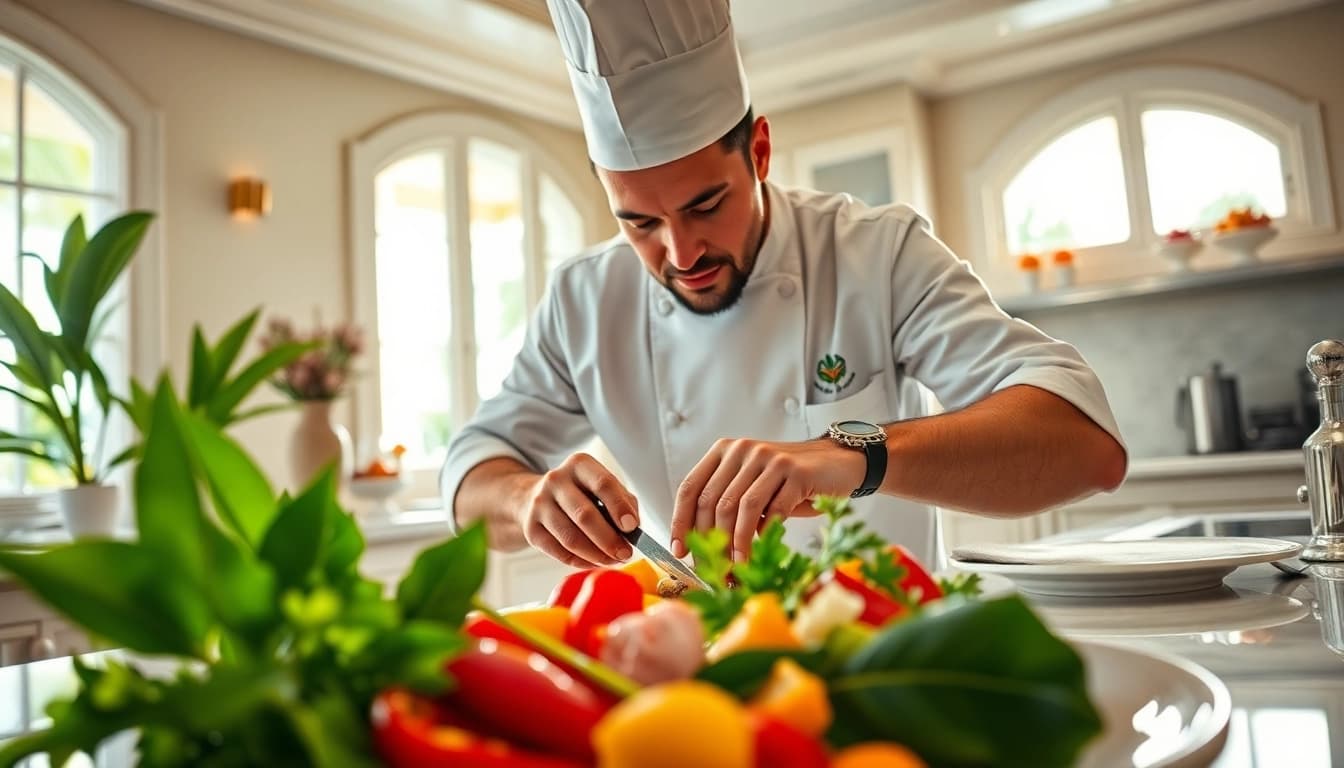 Private chef St Martin showcasing culinary skills with fresh ingredients in a luxurious setting