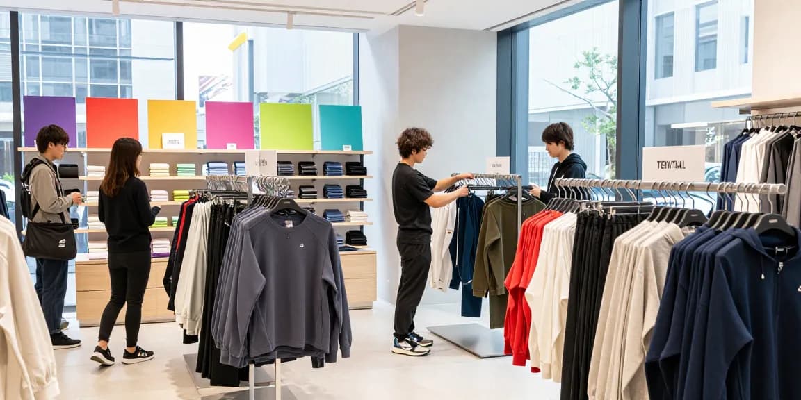 モダンな店舗でスタイリッシュな個人がTENTIAL丸の内でバクネ回復ウェアをショッピング中。