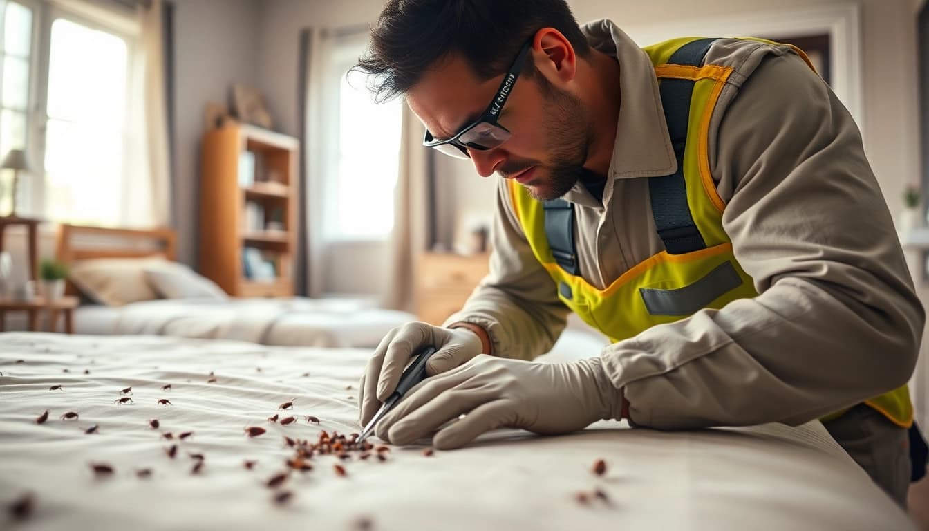 Technician performing bed bug control in a calm bedroom environment, highlighting effective pest management.