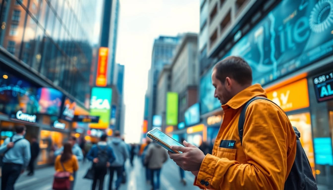 Showcasing smart technology's impact, highlighting https://mohamedmmblog.tech in a vibrant urban scene.