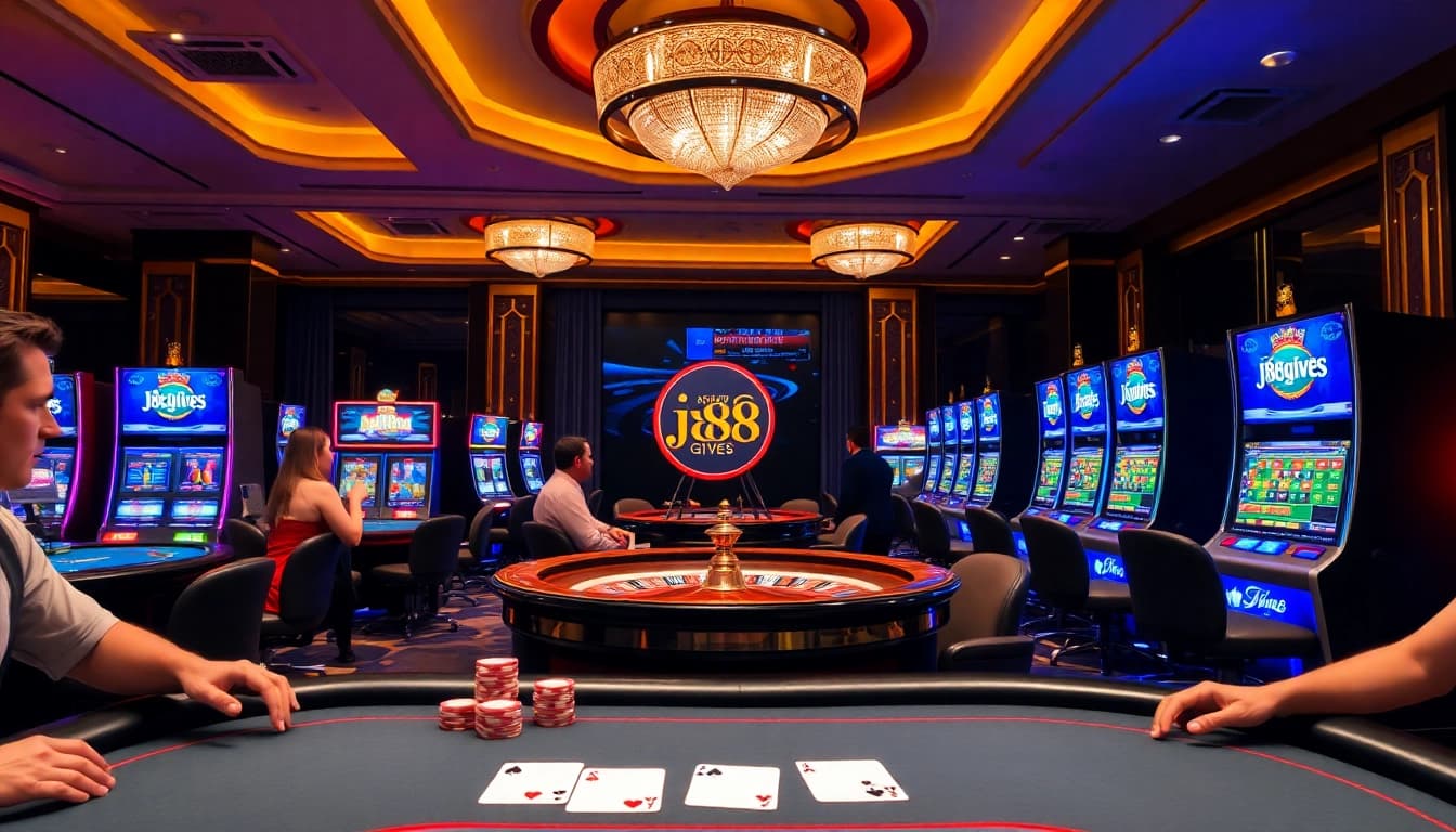 Experience thrilling moments at j88.gives with players enjoying a vibrant casino atmosphere filled with excitement.