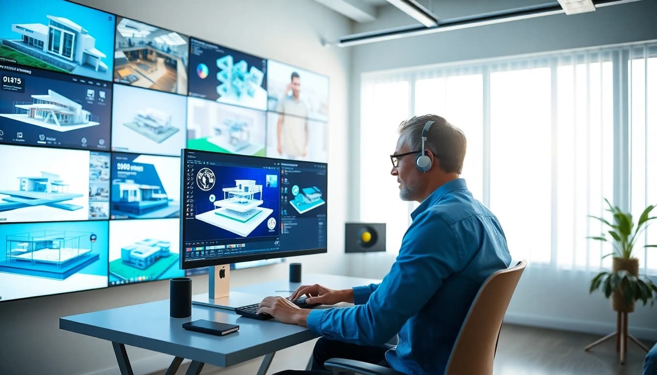 3D Visualisierung erstellen in einem modernen Studio mit einem Designer, der an 3D-Modellen arbeitet.