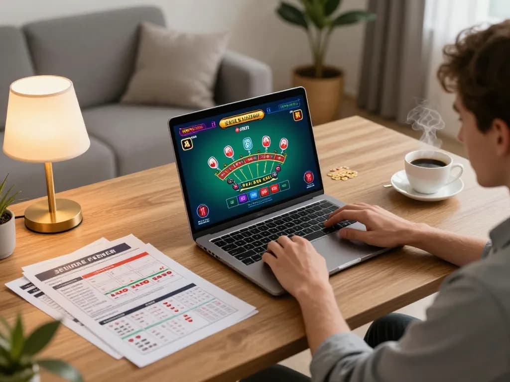 Gambling enthusiast using alexis77 online platform on laptop with a strategy guide