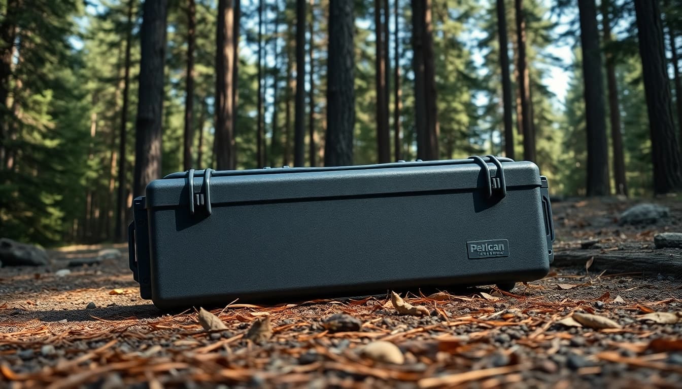 Showcase of pelican rifle case in outdoor setting, emphasizing durability and protection.
