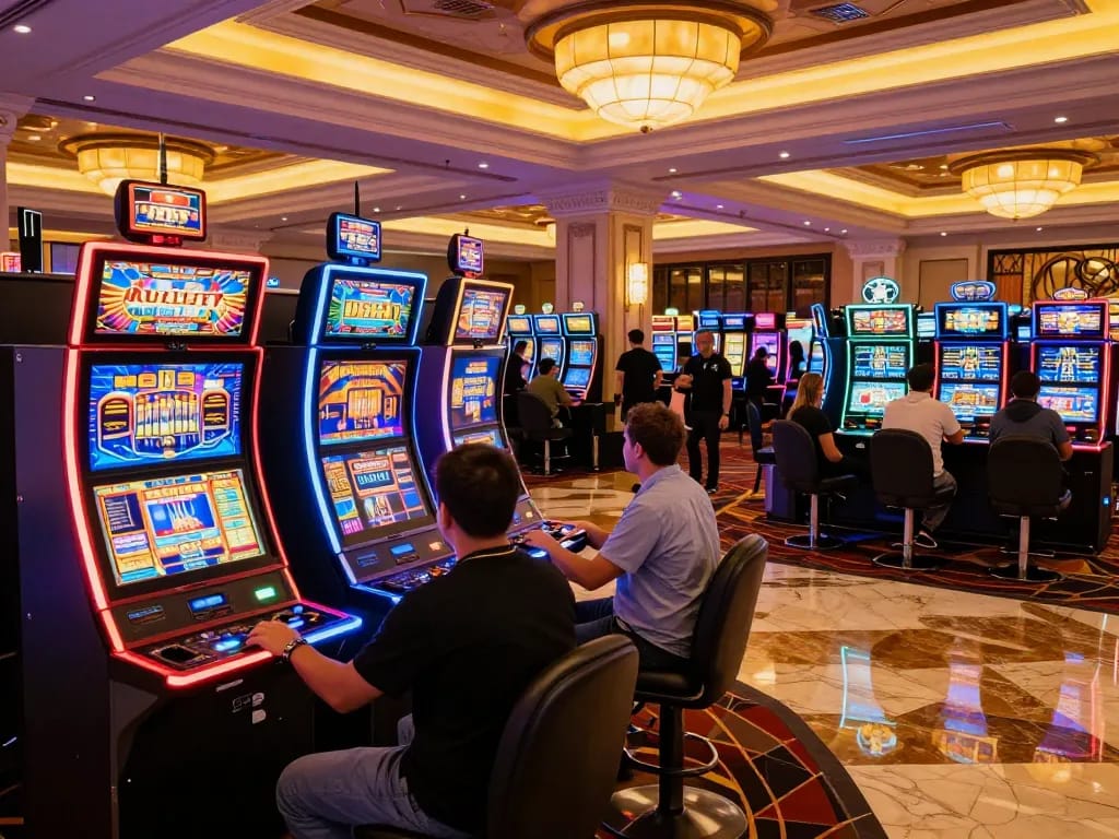 Players enjoying the lively atmosphere at EE88's vibrant slot machine area in 2026.