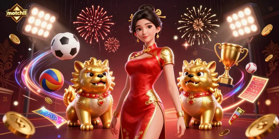 Win big with motchill at the dynamic casino scene featuring an Asian woman and golden foo dogs.