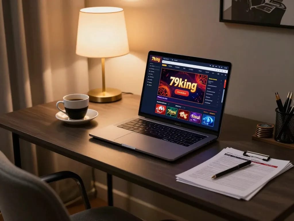 Engaging online gambling scene with Nhà cái 79king interface on a laptop, highlighting strategy and comfort.