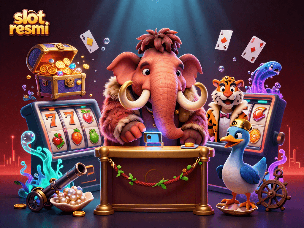 Experience excitement at slot resmi with a vibrant illustration featuring a mammoth bouncer and treasure.