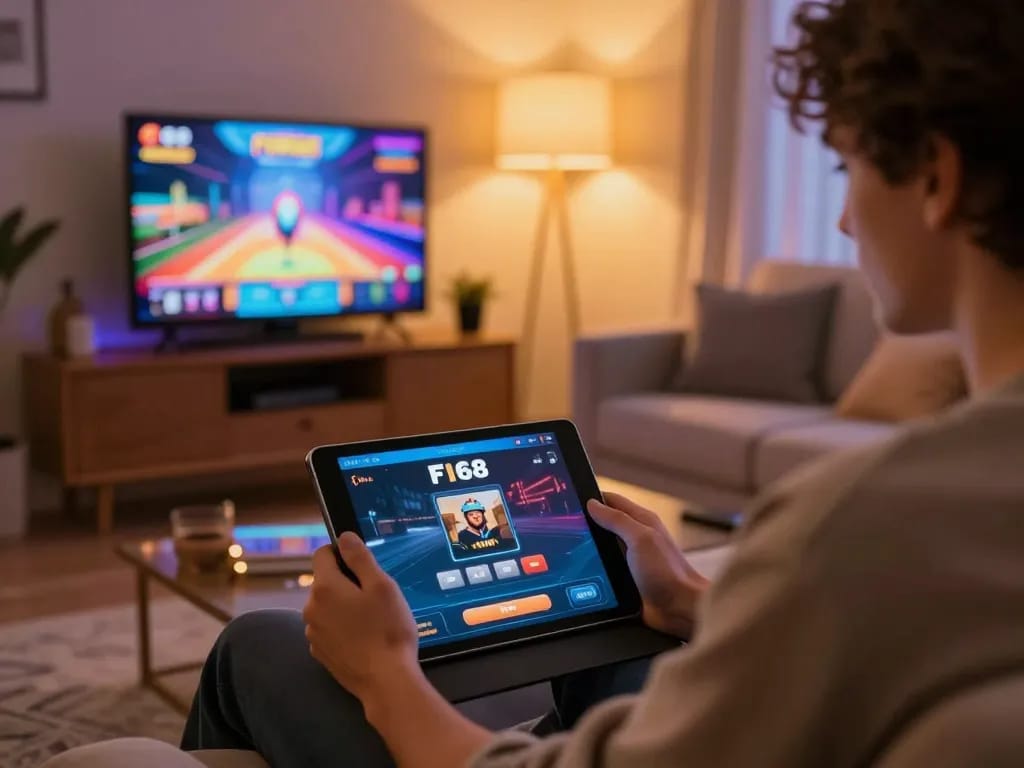 F168 đăng nhập on tablet in a cozy home gaming setup with ambient lighting and personal decor.