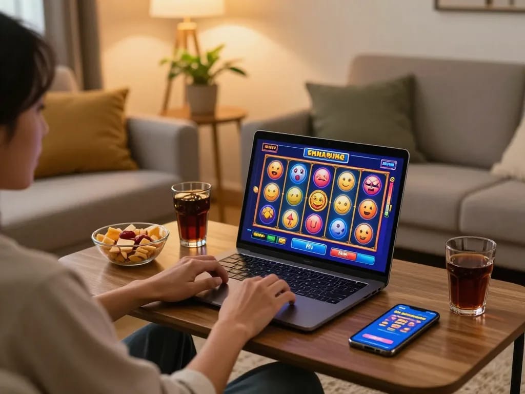 Engaging online slot gacor hari ini gameplay on laptop at cozy home setting with warm lighting.