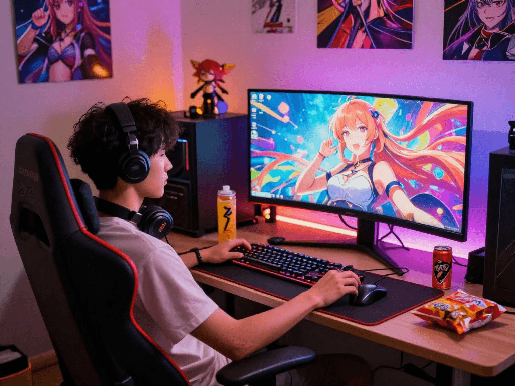 Engaging gamer immersed in playing a hentai game, vivid graphics on display, cozy gaming atmosphere.
