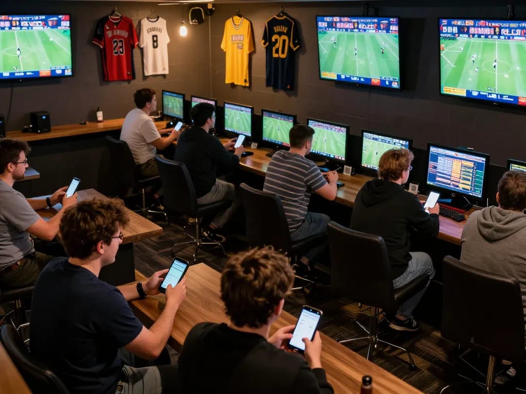KQBD enthusiasts analyzing betting options in a lively sports betting lounge during a big match