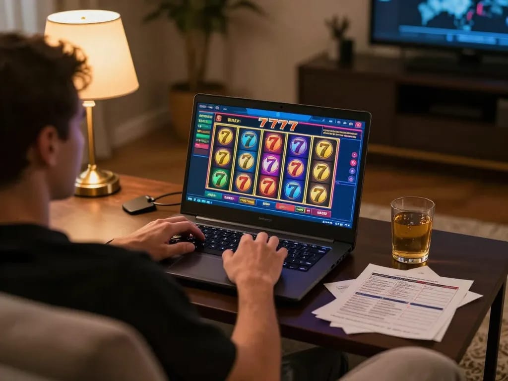 Engaging with slot777 online interface from home, showcasing dynamic gameplay and cozy atmosphere.