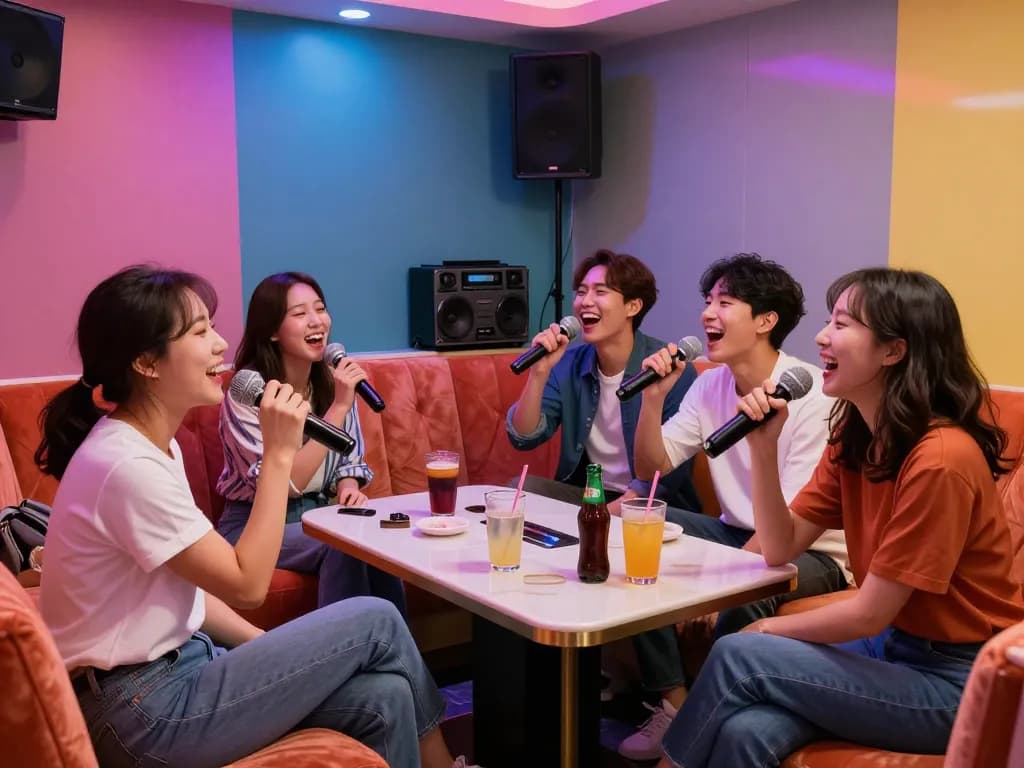 친구들과 함께 즐거운 순간을 만끽하는 부평쓰리노의 매력적인 노래방 경험.