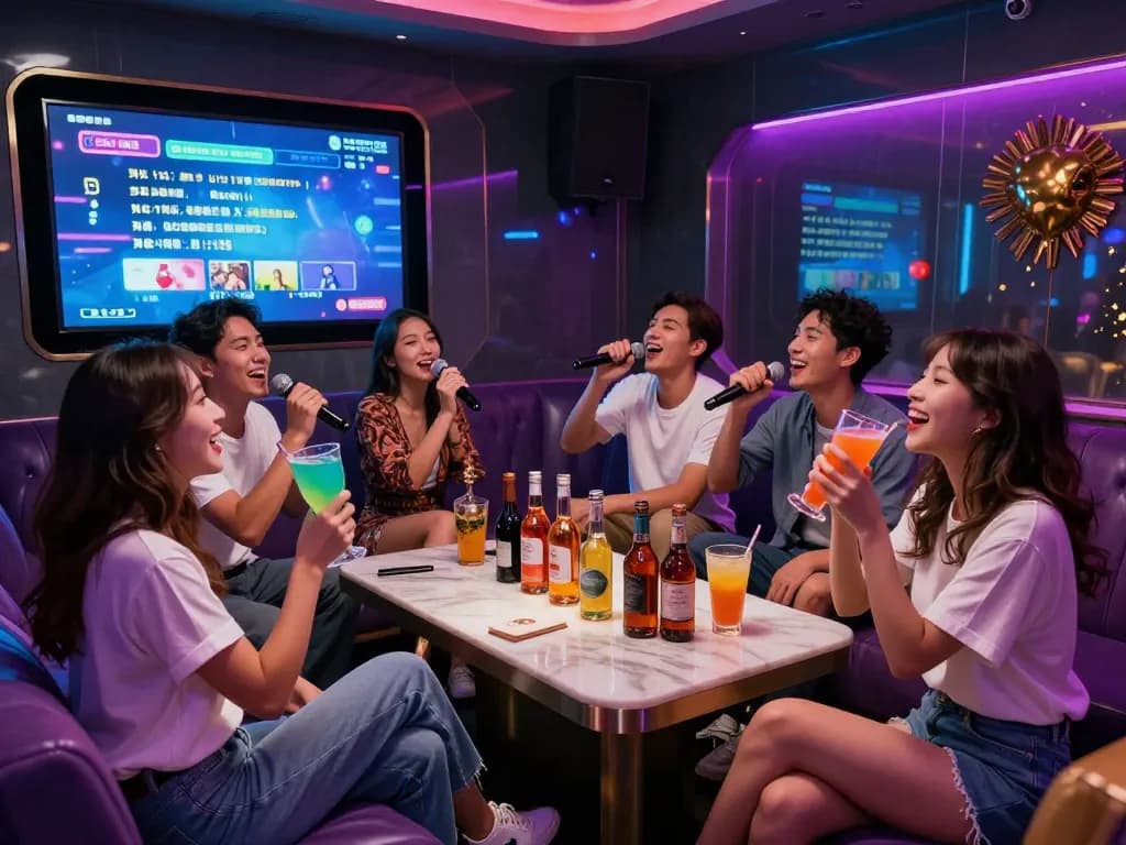 음료와 활기찬 분위기 속에서 즐거운 노래방 경험을 하는 친구들 그룹의 사진입니다.