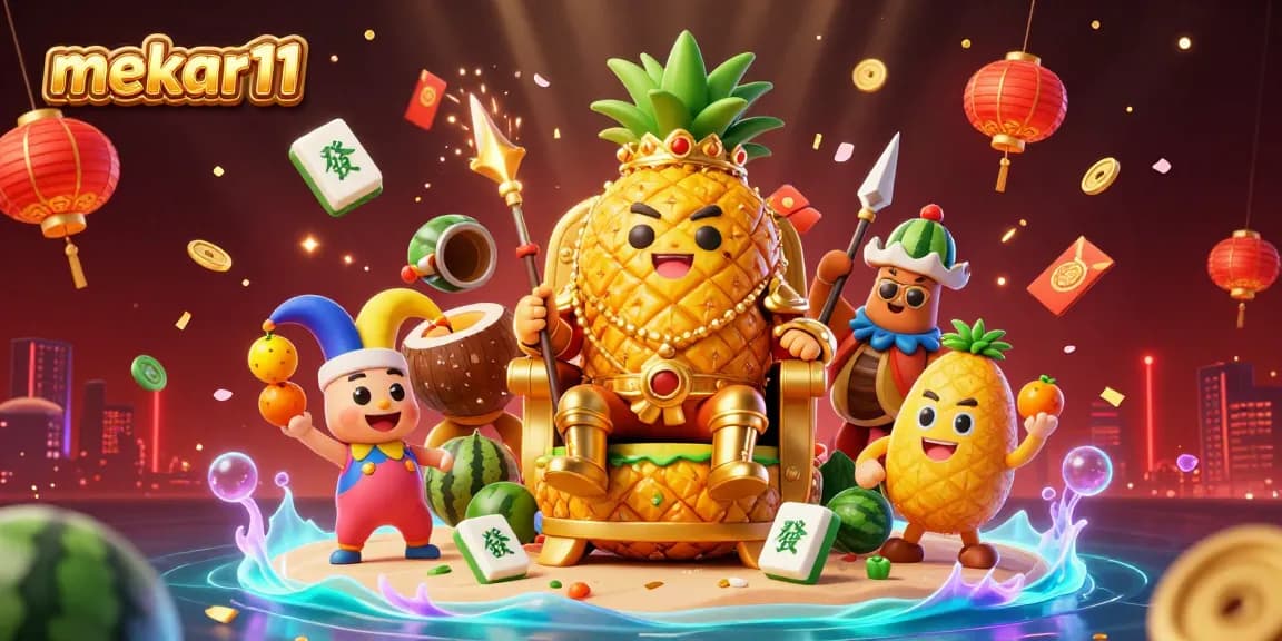 Mekar11's vibrant casino scene showcases a golden pineapple king and magical elements for players.