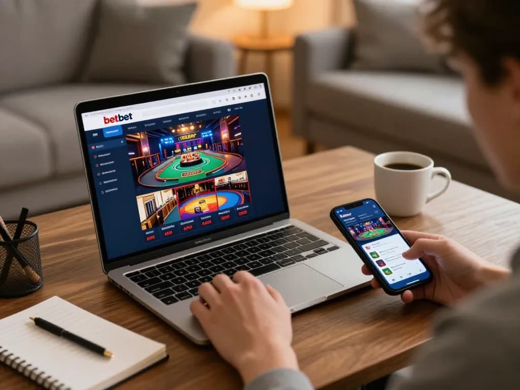 Engaging online gaming experience with betbet app on laptop and smartphone in a cozy home setting